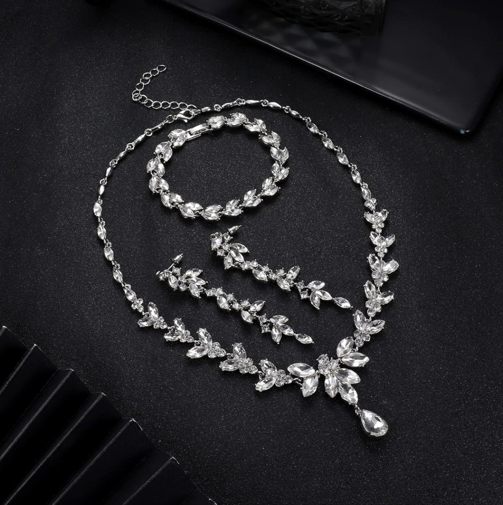FIASASO Necklace Dangle Earrings Bracelet Set for Women Bride Bridesmaid Crystal